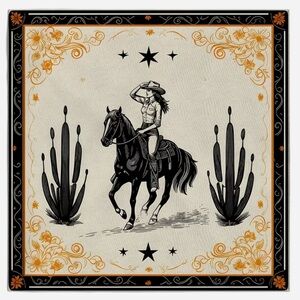 🌵Western Cowgirl Bandana Black Border Scarf 27.5” Desert Rodeo Print